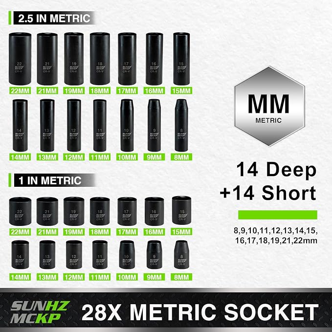 SUNHZMCKP 3/8 Impact Socket Set, 52 Piece Shallow & Deep 6 Point Sockets | SAE (5/16-3/4 inch) and Metric (8-22mm) 3/8 Socket Set, 3/8 Ratchet Handle, Extension Bars, Adapters, Universal Joint, CR-V