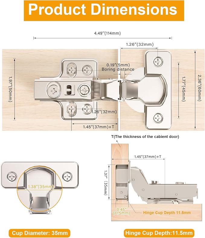 4pcs Professional Grade Inset Soft Close Cabinet Hinges, Frameless Concealed European Style with Four-Hole Clip-On Mounting Plate and Screws, Nickel Plated Finish