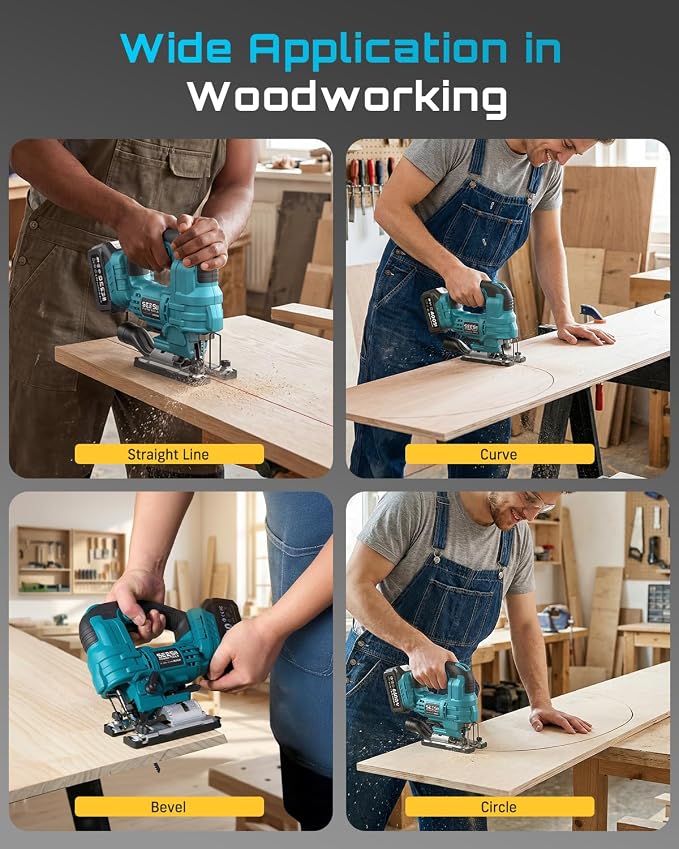 SEESII Brushless Jig Saw, Cordless Jigsaw Tool 2×4.0Ah Batteries | 0–45° Bevel Cut, 3500 SPM Variable Speed, 4 Orbital, Electric Jig Saw for Woodworking, Cutting Wood Metal PVC