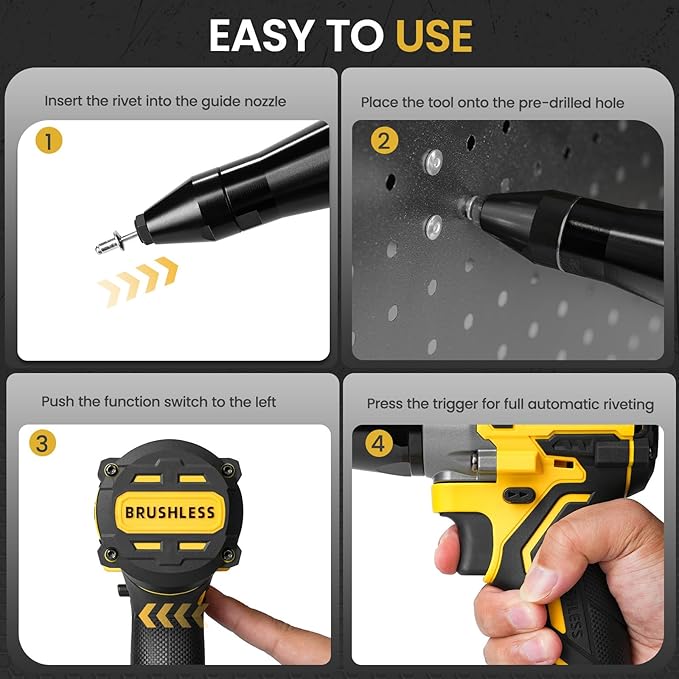 Mayoki Cordless Rivet Gun Compatible with 20V 60V MAX Battery (Tool Only), 2248Lbf Electric Brushless Blind Riveter Tool, Pop Rivet Tool, Heavy Duty Automatic Riveter for 1/8", 5/32", 3/16" Rivets