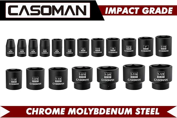 CASOMAN 19 Piece 1/2-Inch Drive Standard Impact Socket Set, SAE, Shallow, 3/8" to 1-1/2", Cr-Mo Alloy Steel, Radius Corner Design, Impact Grade