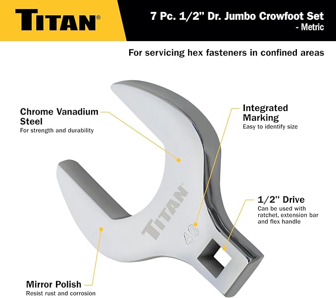 Titan 17670 7-Piece 1/2-Inch Drive Metric Jumbo Crowfoot Wrench Set