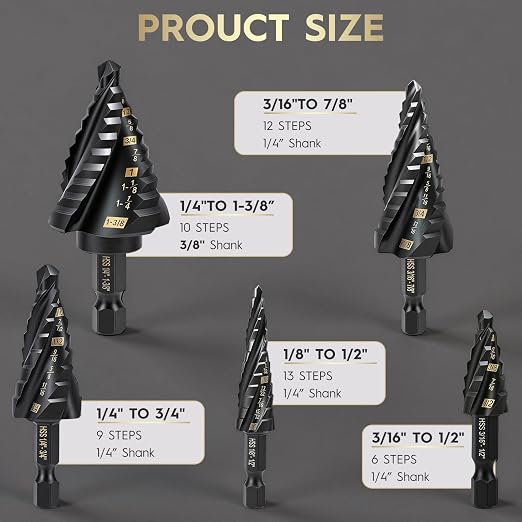 5PCS Titanium Step Drill Bit - Four Spiral Flute HSS Step Bit, 50 Sizes from 3/16" to 1-3/8", Steps Bits for Metal, Aluminum, Wood & Plastic, for Electricians & DIY