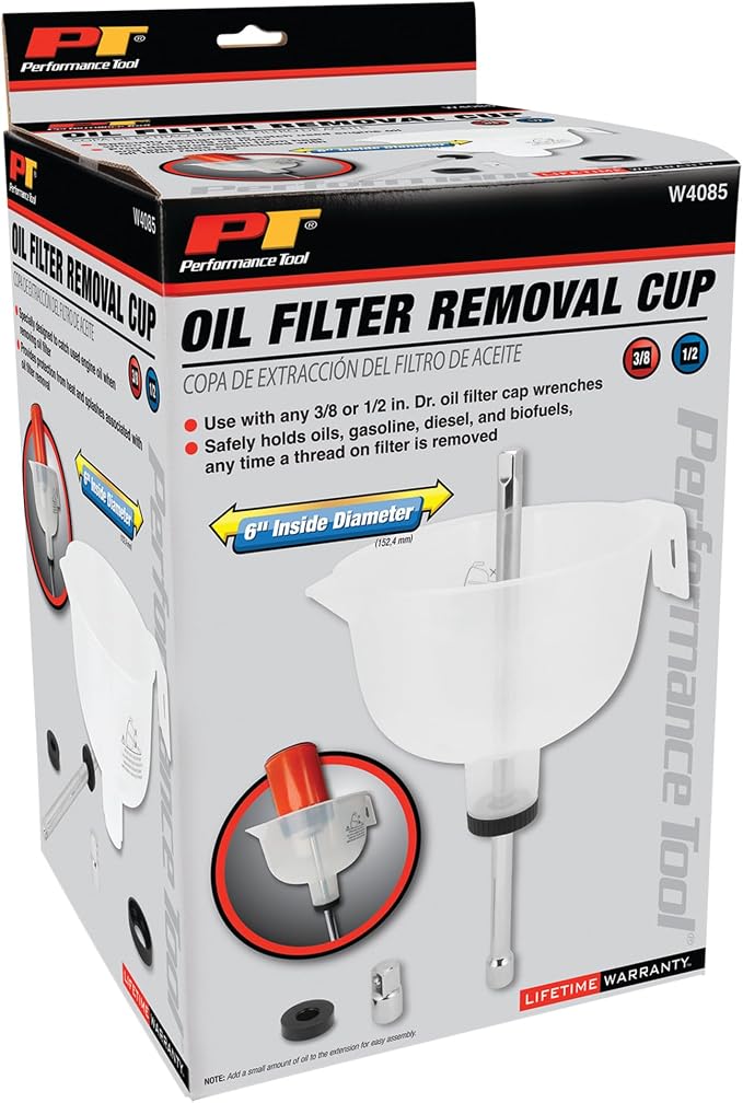 Performance Tool W4085 6 in. Automotive Oil Filter Removal Cup | Catches fluids to prevent spills and splashes. Fits 3/8 and 1/2 in. drive wrenches. Fast oil change tool