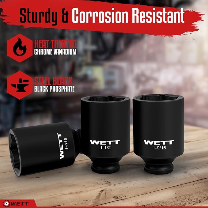 WETT 1/2" Drive Deep Large Impact Socket Set, 8-Piece Spindle Axle Nut Large Sockets Set, Standard SAE 6 Point Wheel Wrench Sockets, CR-V Steel, (1-1/4-Inch-1-3/4-Inch)