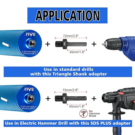 SALI Diamond Core Drill Bits 2 1/4" Diameter 10"/254mm Drilling Depth 5/8-11" Thread Core Bit Turbo Laser-Welded Segments for Cured Concrete with, Brick, Block, Masonry, with Two Adapters