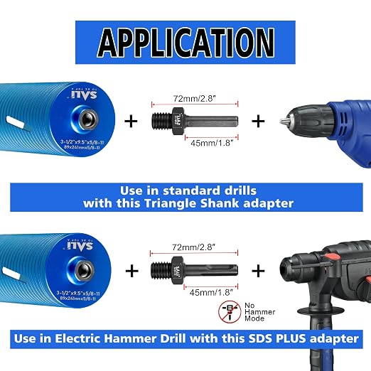 SALI Diamond Core Drill Bits 2 3/4" Diameter 10"/254mm Drilling Depth 5/8-11" Thread Core Bit Turbo Laser-Welded Segments for Cured Concrete with, Brick, Block, Masonry, with Two Adapters