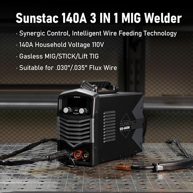 Sunstac MIG Welder, 140A 110V Flux Core/Stick/Lift TIG 3 in 1 MIG Welding Machine, Gasless MIG with IGBT Inverter Synergic Control, Digital Screen Display, Over Loading Protection Beginner Friendly