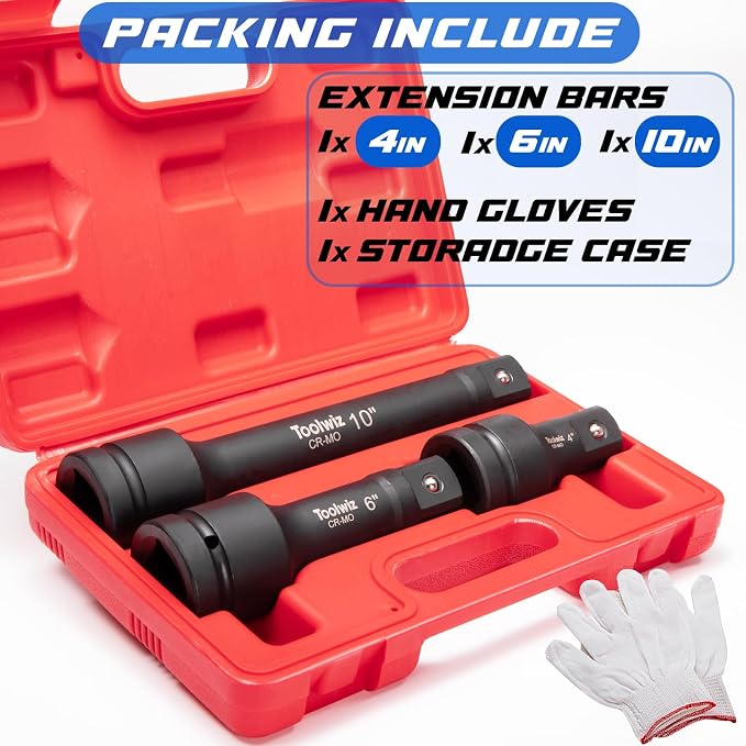 Toolwiz 1" Drive Impact Extension Bar 4", 6", 10" (3 Piece) Cr-Mo Steel | 1" Socket Extension Set, Black, Locking Pin, PVC Box Organized, for Mechanical Equipment Repair, Use with Air Impact Wrenches