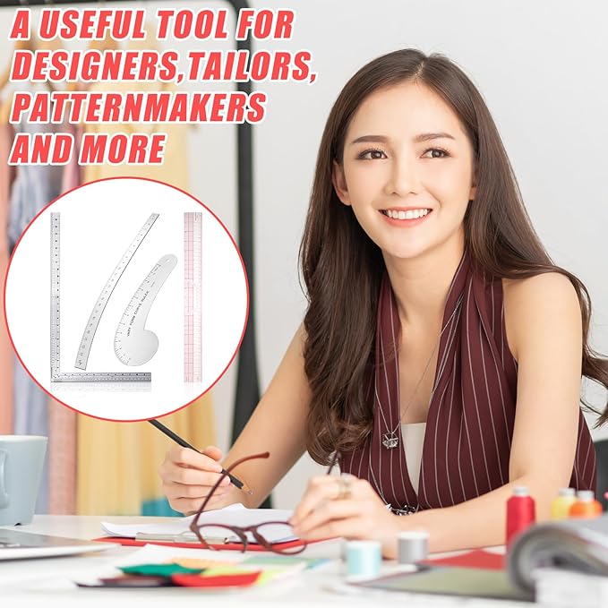 Xuhal 4 Pcs French Curve Ruler Sewing Ruler Set Aluminum Sewing Tools Supplies for Quilting with French Curves Aluminum Designers Kit Includes Curve, Hip, L Square and Plastic Grading for Design Craft