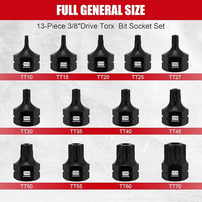 MIXPOWER 13-Piece 3/8" Drive Stubby Impact Torx Bit Socket Set,TT10-TT70, S2 Steel Air Drive Low Profile Socket Set,Impact Grade,Anti-Roll Design