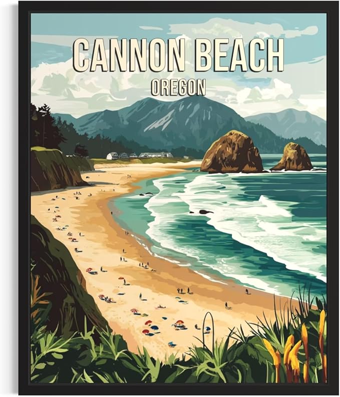Cannon Beach Oregon Black Framed Wall Art Print Poster, US Vintage Retro Beach Scenery Posters Prints for Restroom Home Picture Painting Artwork Gallery 219 (Cannon Beach Oregon, 16 x 20 inches, Black Frame)