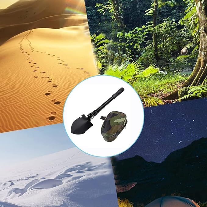 Military Small Folding Camping Shovel, Mini Compact Pickaxe with Carrying Pouch for Gardening, Off Road, Hunting, Car Emergency, Remove Ice (Black)