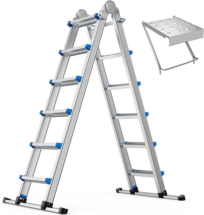 20.5FT Aluminum Foldabl Extension Ladder - Heavy-Duty A-Frame Adjustable Design for Home & Work, 330lbs Capacity, Retractable System with Safety Lock