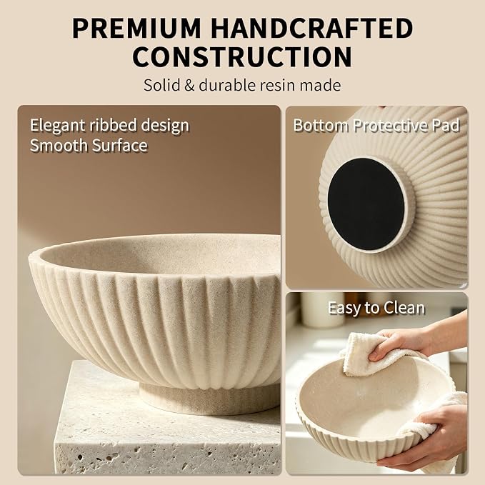 L'ARL GMVOI Large Decorative Bowl,Modern Handicraft Bowls for Home Decor,Fruit Bowl for Kitchen Counter,Stylish Key Bowl for Entry Table,Artificial Stone Beige
