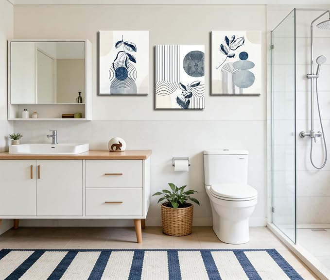 Frimeeme Blue Bohemain Framed Canvas Wall Art Set of 3,Abstract Geometric Line Wall Painting for Bedroom Bathroom, 12"x16" Inches,Framed