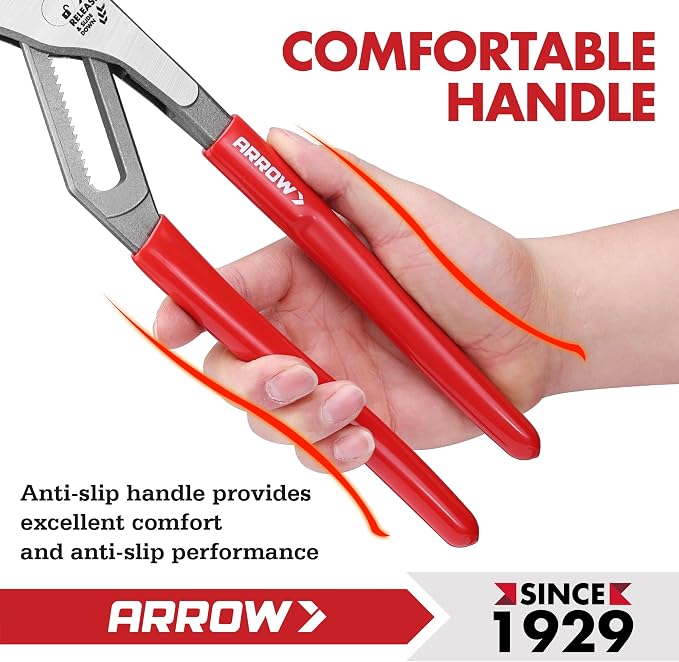 ARROW 12-Inch Water Pump Pliers, Quick Adjust Groove Joint Pliers with 18 Positions, V-Jaw Tongue and Groove Plier with Dipped handle, Heat-Treated CR-V Steel for Plumbing, Auto & Home Repair