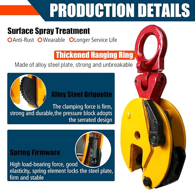 Vertical Plate Lifting Clamp,2200lbs Capacity Heavy Duty Steel Plate Clamp 1T with 0.8 Inch Jaw Opening, Industrial Lifting Clamp for Sheet Metal and Steel Plate Handling