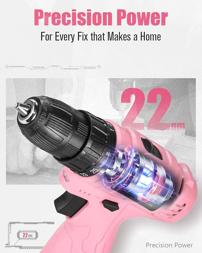 AVID POWER 12V Cordless Drill, 3/8-Inch Keyless Chuck, High-Speed 1400 RPM & 25+1 Torque Control, Electric Power Drill Kit with 21pcs Bits, Battery and Charger-Pink