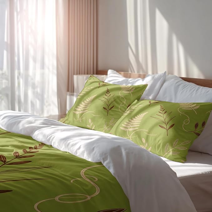 Batmerry Green Brown Branch Leaves Queen Size 100% Cotton Duvet Cover Sets, Minimalist Plant Illustration Bedding Set with Zipper Closure Corner Ties, 3 Pieces (1 Cover + 2 Pillowcases No Comforter)