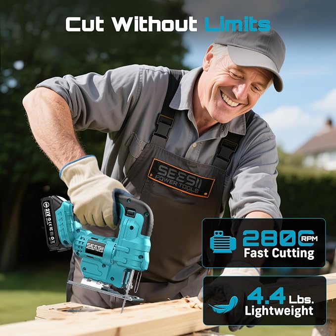 SEESII Jig Saw, Cordless Jigsaw Tool with 2×2.0Ah Batteries and Charger | ±45° Bevel Cuts, 4 Orbital for Wood Metal PVC Cutting, Variable Speed, with 9 Blades, LED Light, Safety Lock, Storage Bag