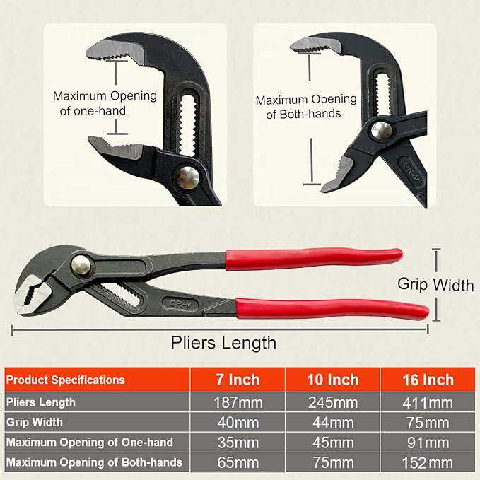7-Inch, 10-Inch and 16-Inch Groove Joint Pliers Set, Adjustable Water Pump Pliers Set, V-Jaw Tongue and Groove Pliers，Auto-Adjusting Quick-Action Tongue and Groove Joint Pliers Set