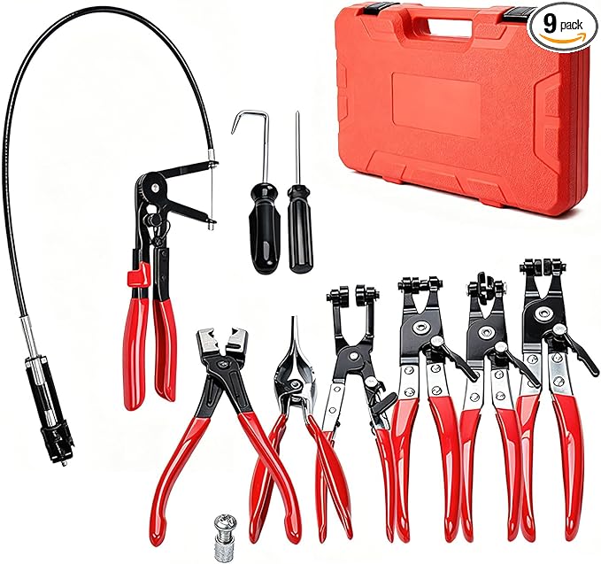 BARTOO 9pcs Hose Clamp Pliers Set, Hose Clamp Removal Tool for Automotive, Flexible Wire Long Reach Swivel Jaw Pliers for Fuel Oil Coolant Radiator Heater and Water Hose