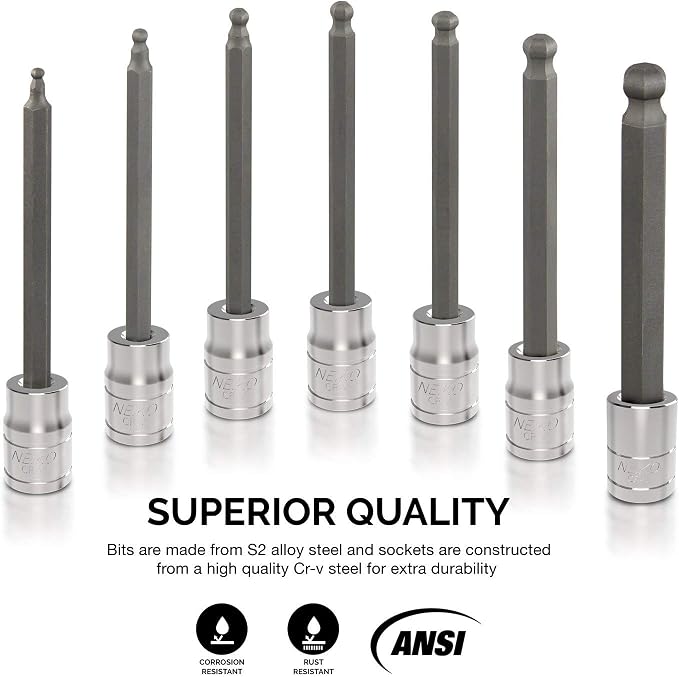 Neiko 10244A 3/8-Inch-Drive Extra-Long Ball-End Hex-Bit Socket Set, SAE Sockets 1/8" to 3/8", S2 Steel, 7-Piece Set