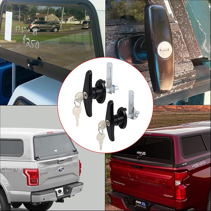 Keyed Alike Truck Cap T-Handle Lock Kit - 2 Sets (4 Locks) Black Locking Handles for Topper/Camper Shell (Left & Right)‌