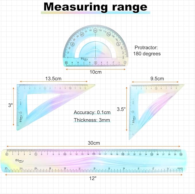 HARFINGTON 4pcs Triangular Ruler Set 30cm Plastic Flexible Straight Metric Soft Bendable Ruler Geometric Protractor Triangle Rulers for Home Office