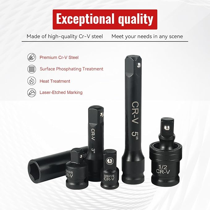 Reniteco 25-Piece 1/2" Drive Socket Set, SAE 3/8"-1-1/2", 6-Point, Cr-V | Deep Sockets, Extension Bars, 1/2"F-3/8"M & 3/8"F-1/2"M Reducers, Universal Joint, Ideal for Heavy-Duty Repairs
