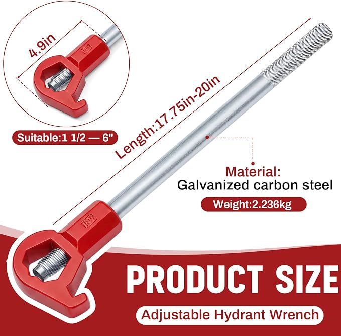 Tandefio 1 Pcs Fire Hydrant Wrench, 1-1/2" to 6", Red | Adjustable Hydrant Key for Utility Crews, Multifunctional Hydrant Wrench for Tightening Fire Nuts Tightening Water Pipes