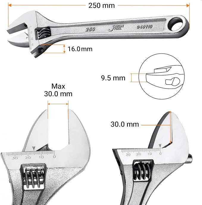 Jetech 10-Inch Adjustable Wrench - Professional Heavy Duty Chrome Vanadium Steel Shifter Spanner with Inch/Metric Scale Wide Caliber Opening