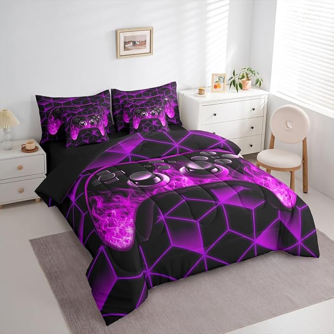 Game Consoles 7 Piece Comforter Set Full Bed in a Bag,Neon Geometric Bedding Set,3D Geometric Gamer Comforter and Sheet Set Purple Flame Bed Set,Gaming Decor for Boys Bedroom Gamer Gifts