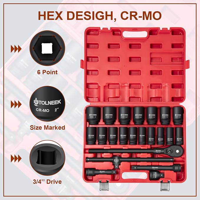 3/4" Impact Socket Set, 22PCS 6-Point SAE (3/4" to 2"), Cr-Mo, with Adapters, Quick Release Ratchet, Extension Bar & Storage Case