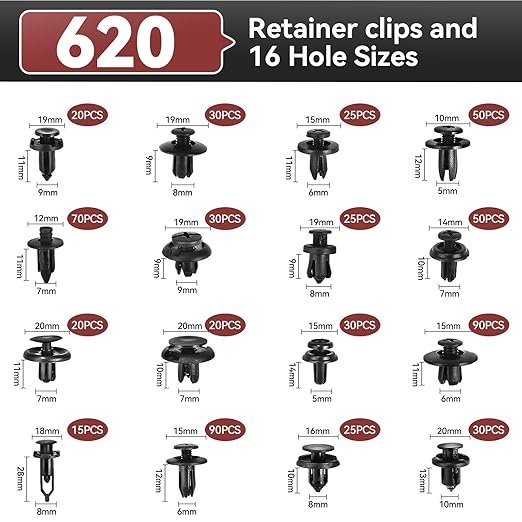 620PCS Auto Retainer Clips Kit with Trim Removal Tools and 3-Layer Organizer Box, 16 Sizes Black Push Type Rivets Fasteners for Car Bumper, Fender, Door Panel and Interior Repair