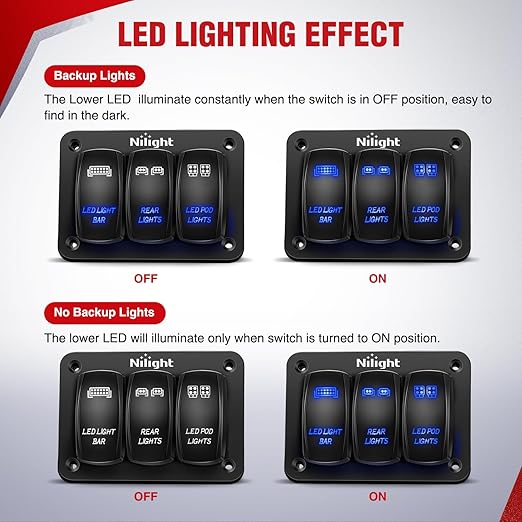 Nilight 16AWG LED Light Bar Wiring Harness Kit 12V On/Off 3 Gang Laser Etched LED Pod Lights Rocker Switch Panel Power Relay Fuse 5Pin Toggle Switch for Cars Boat ATV Trucks-4 Leads, 2 Years Warranty | 12V On/Off 3 Gang Laser Etched Pod Lights Rocker S...