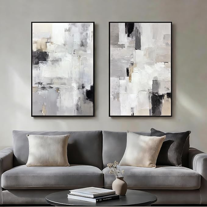 Zessonic Neutral Abstract Wall Art, Large Modern Textured Framed Canvas Wall Decor, Minimalist Prints Paintings, Black White Grey Artwork Pictures for Home, Living Room, Office, 24"x36"x2