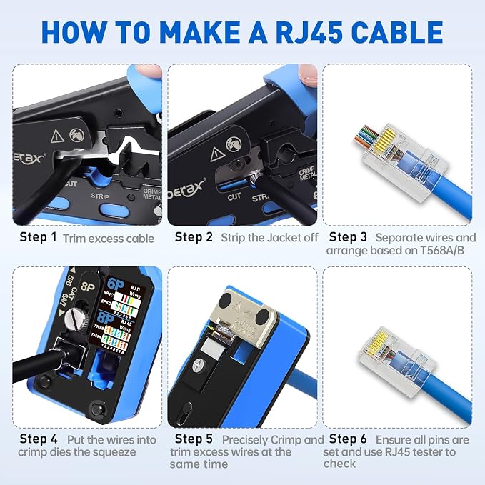 All-In-One RJ45 Crimp Tool with Hand-Twist Screw and Wire Terminal Crimper for CAT7/CAT6A/CAT6/CAT5E/CAT5, Ethernet Crimper RJ45 crimper RJ45 Pass Through Crimp Tool Ethernet Crimping Tool