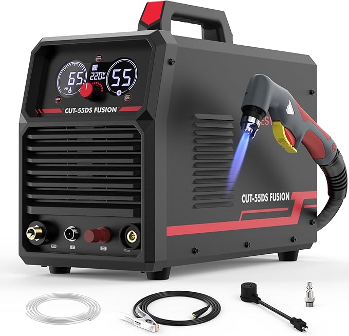 YESWELDER Plasma Cutter with Built In Air Compressor, Large LED Digital Display 55Amp 110V/220V Non-High Frequency Non-Touch Pilot Arc Plasma Cutting Machine CUT-55DS FUSION