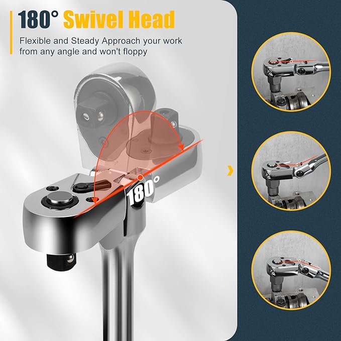 YIYEIE 3/8" Drive Flex Head Ratchet, 72 Tooth Swivel Head Ratchet, Quick-Release, CR-V Steel, Flexible Ratchet Wrench with EVA Foam | 10 Inch Long