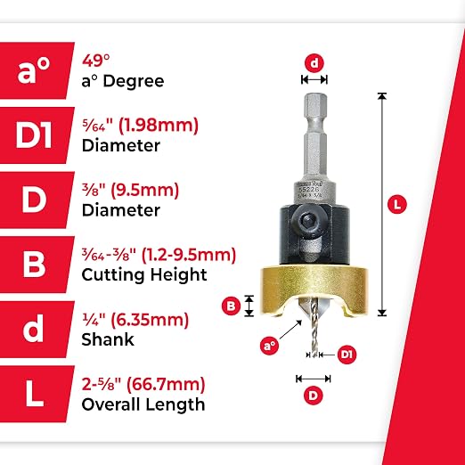 Amana Tool 82 Degree Countersink with Drill Bit Depth Stop and No-Thrust Ball Bearing, 55226, 3/8 D x 5/64 Drill D 1/4 Inch Quick Release Hex Shank