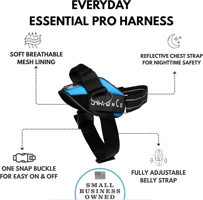 ShawnCo Essential Pro Dog Harness, No-Pull Pet Vest with 3 Leash Clips and Removable, Reflective Side Patches, Adjustable and Padded Harness for Small, Medium and Large Dogs (Oceanic Blue, M)