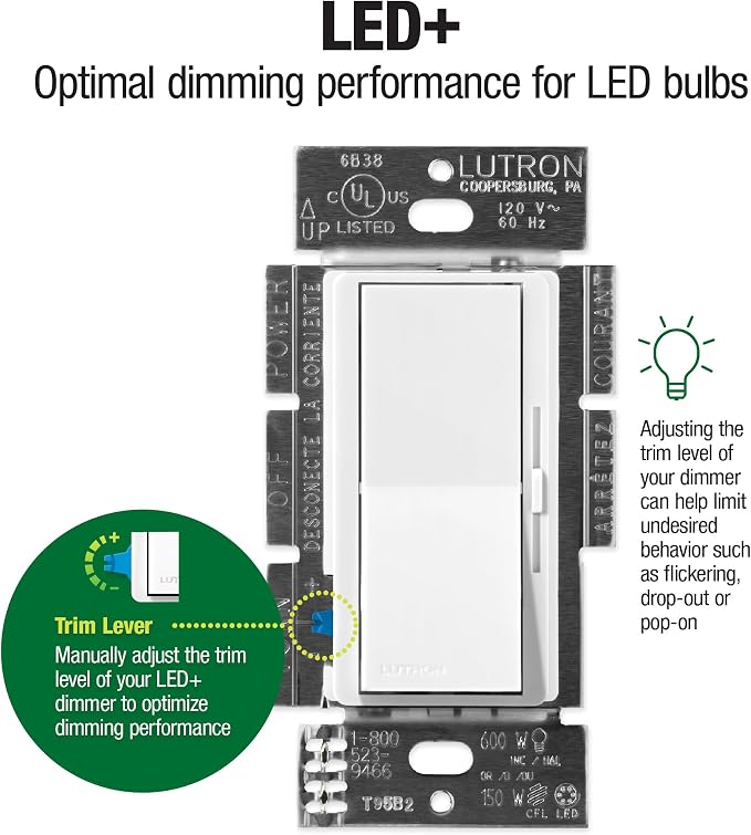 Lutron Diva LED+ Dimmer Light Switch for Dimmable LED, Halogen, and Incandescent Bulbs, 150 Watt, Single-Pole or 3-Way, DVWCL-153PH-2-WH, White (2-Pack) with Wallplate