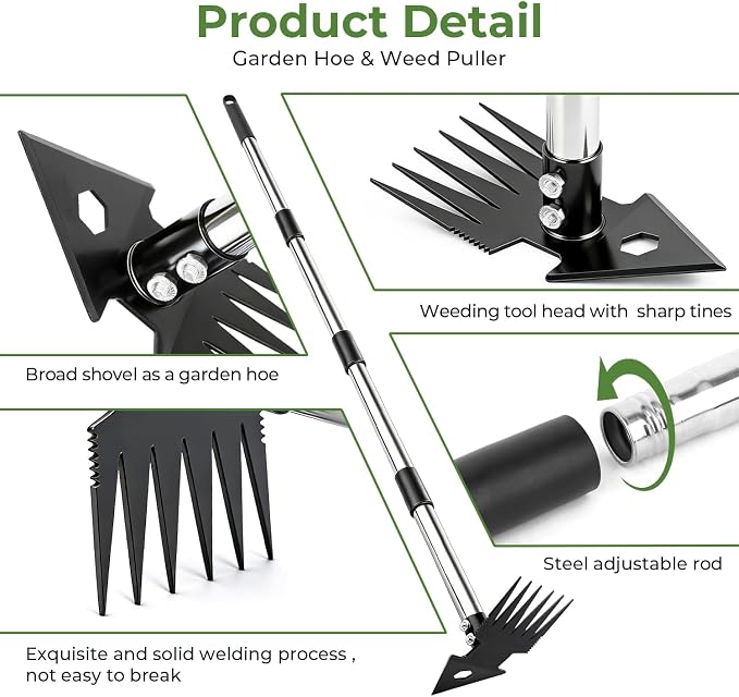 2-in-1 Weed Puller Tool,Dual-Head Garden Hoe Weeder Tool with Long Handle,Heavy Duty Manganese Steel Weeding Tool for Gardening,Uprooting Weed Remover for Yard Lawn Patio and Garden