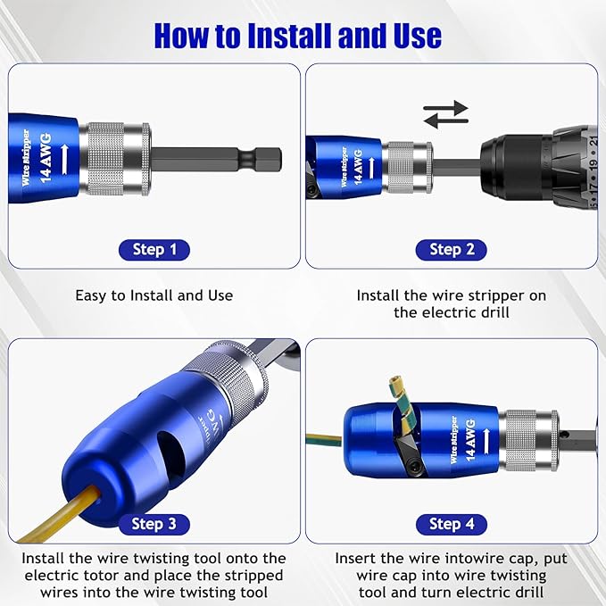 Wire Stripper Twister Tool for Drill, 2026 Upgraded Wire Stripping Tool & Wire Twisting Connector for Cutters 6-14 AWG, 8 In 1 Professional Electrician Twister Stripping with 5 PCS Blade