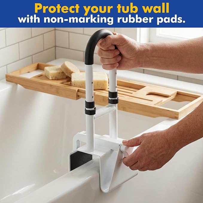 Adjustable Bathtub Safety Rail,Bathroom Grab Bar for Elderly&Seniors,Fall Prevention Assist Handle with Tool-Free Stallation,Knob-Clamp Design,250lbs Capacity,White