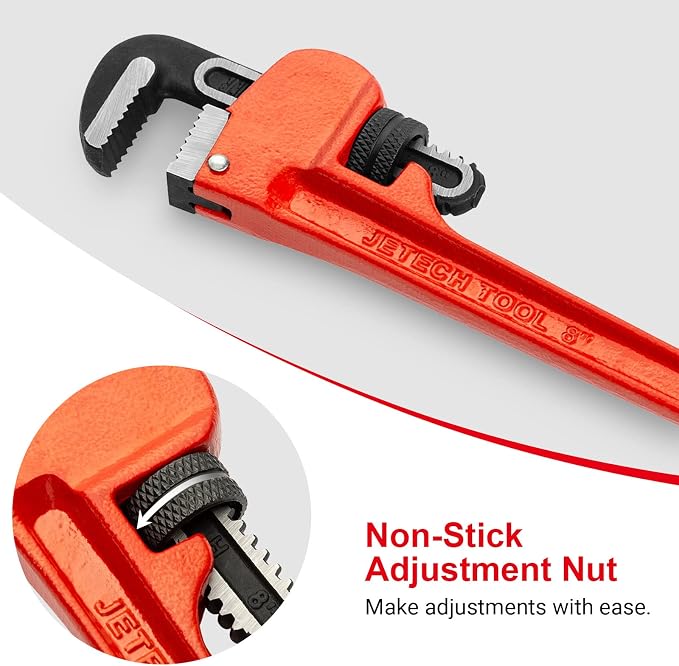 Jetech 8-inch Heavy Duty Straight Pipe Wrench, Adjustable Aluminum Plumber Wrench with Floating Hook Jaw and I-Beam Handle, Red