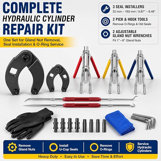 5 Pack Hydraulic Seal Installation Tool Kit & 1266 7463 Adjustable Gland Nut Wrench - Hydraulic Cylinder Spanner Wrench Set & Piston Repair Seal Tools for Most Farm & Construction Equipment