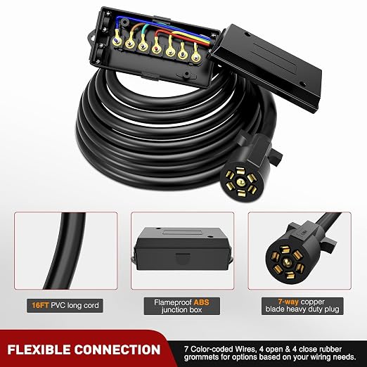 Nilight Heavy Duty 7 Way Inline Trailer Plug with 7 Gang Junction Box | Weatherproof 16 Feet Connector Cable Wiring Extension Harness Suitable for RV Automotives Cars